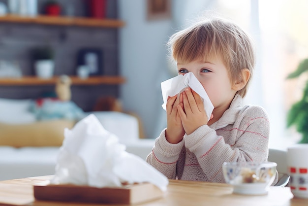 Jong kind thuis die zijn neus afveegt met een zakdoek Seizoensziekten bij kinderen griep idee