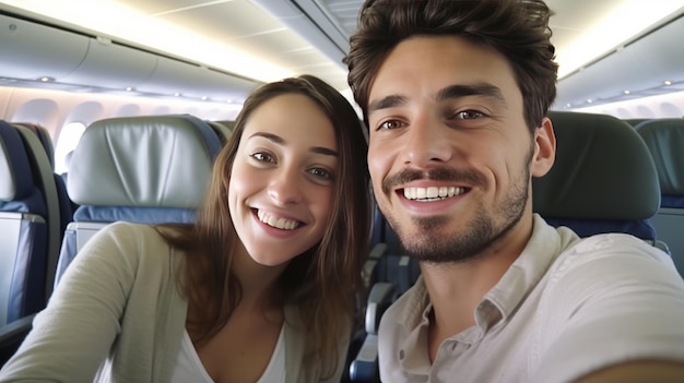 Jong knap stel dat een selfie maakt in het vliegtuig tijdens een vlucht over de hele wereld