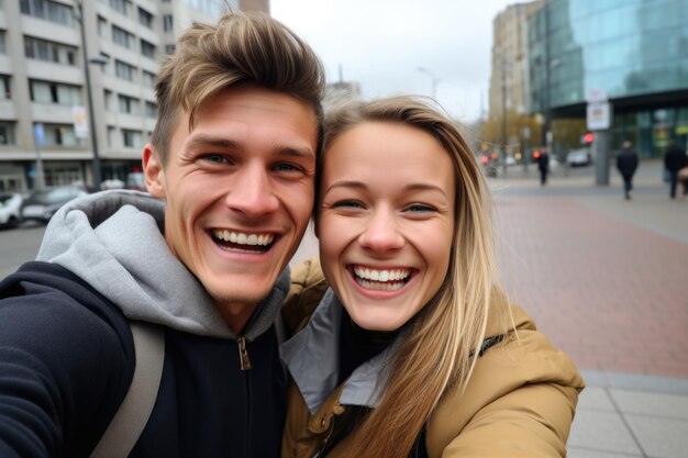 Foto jong koppel blij en verrast expressie stad achtergrond