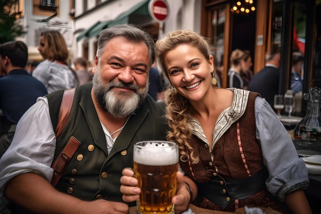 Foto jong koppel in traditionele beierse kleding met bier