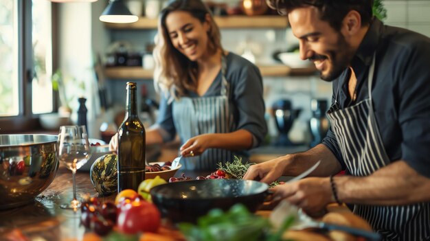 Foto jong koppel is samen aan het koken in de keuken ze glimlachen en zien er gelukkig uit er is een houten tafel met veel ingrediënten erop