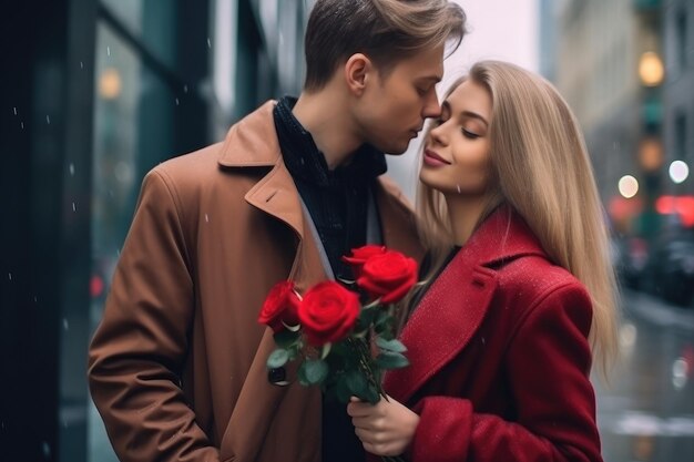 Jong koppel knuffelen, kussen en genieten van het samenbrengen van tijd tijdens het vieren van Valentine's Day Valentine's 39th Day Love and Relationship Concept