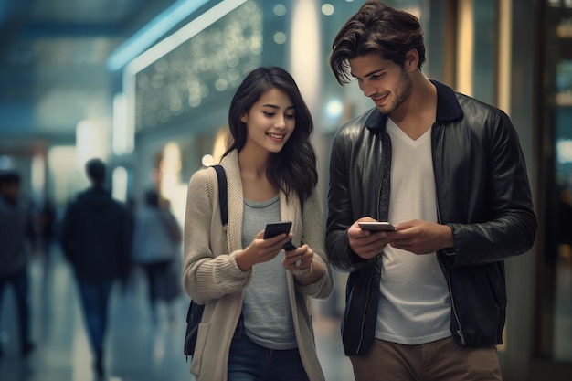 Jong koppel met behulp van mobiele telefoons portret generatieve AI