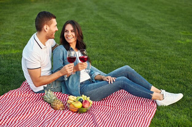 Jong koppel met kleine picknick met fruit en wijn in het park kijken naar elkaar