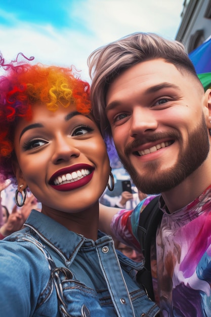 Foto jong koppel neemt foto's van elkaar terwijl ze glimlachen tijdens de gay pride demonstratie meisje met gekleurd haar neemt een selfie foto concept van vrijheid en levensstijl