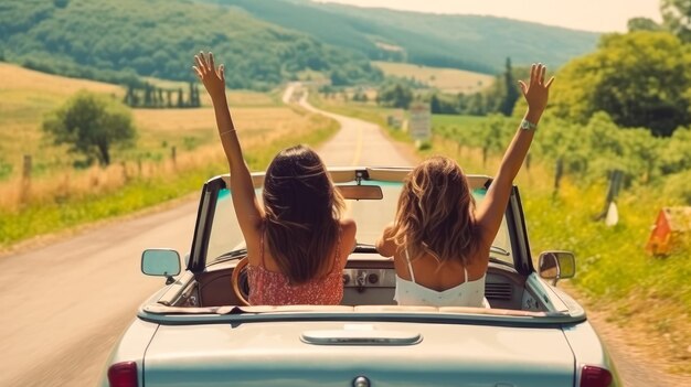 Jong koppel rijdt een cabriolet op vakantie reis road trip zomervakantie met up happy gecreëerd met generatieve AI