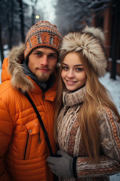 Jong koppel selfie te nemen in de winter AI gegenereerd