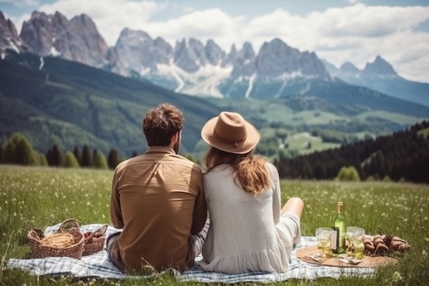 Jong koppel verliefd doen picknick een bezoek aan de Alpen Dolomities Vriend en vriendin zitten en kijken