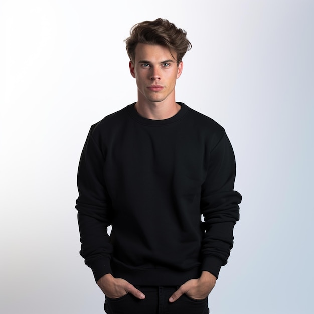 Jong mannelijk model zwart sweatshirt met witte achtergrond indoor studio