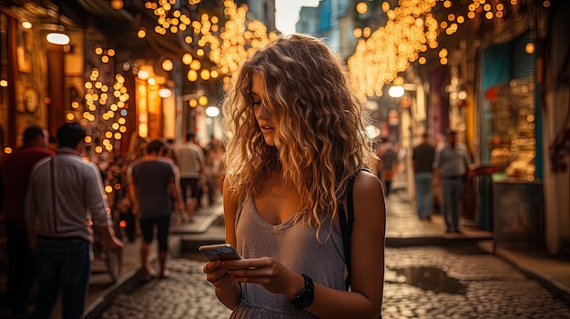 Foto jong meisje controleert berichten op haar smartphone op de straat van een stad