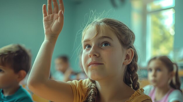 Foto jong meisje dat haar hand opheft om een vraag te stellen in de klas enthousiast om deel te nemen en te leren van haar leraar39's uitleg