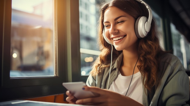 Jong meisje dat hoofdtelefoons draagt die buiten van muziek genieten