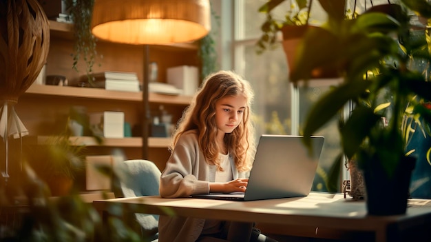 Jong meisje dat online studeert.