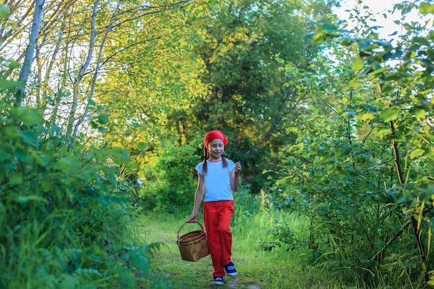 Jong meisje dat op een weg door groene bossen loopt die een mand birchbark draagt