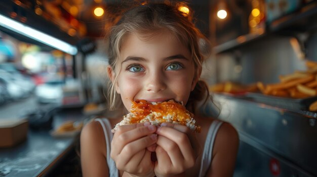 Jong meisje eet pizza.
