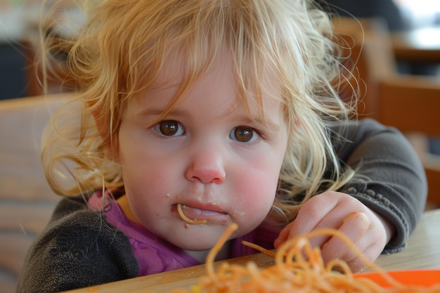 Jong meisje eet spaghetti aan tafel