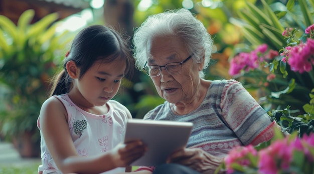 Jong meisje en haar grootmoeder delen een tablet en leren en verbinden zich in een warme natuurlijke omgeving