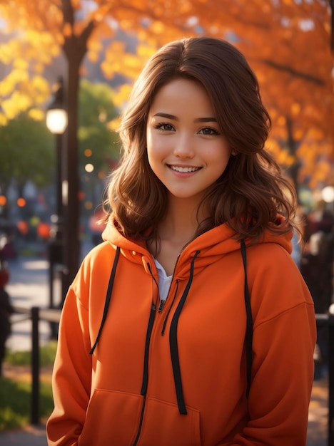 Jong meisje geniet van een levendig park terwijl ze een hoodie draagt