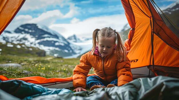 Jong meisje geniet van kamperen in de bergen familie vakantie avontuur Kind in de natuur toeristische levensstijl buiten Actieve vakantie verkenning met kinderen AI