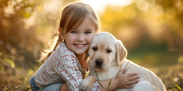 Jong meisje glimlachend met een labrador puppy in een zonovergoten park, vriendschap en vreugde vastgelegd in de natuur, een perfecte band AI