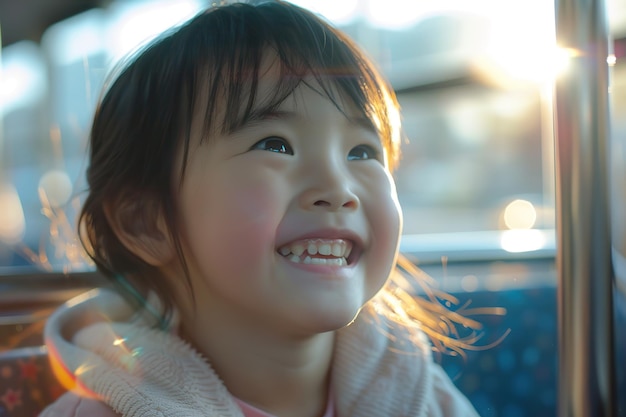 Jong meisje glimlacht helder in een bus met zonlicht stromen in
