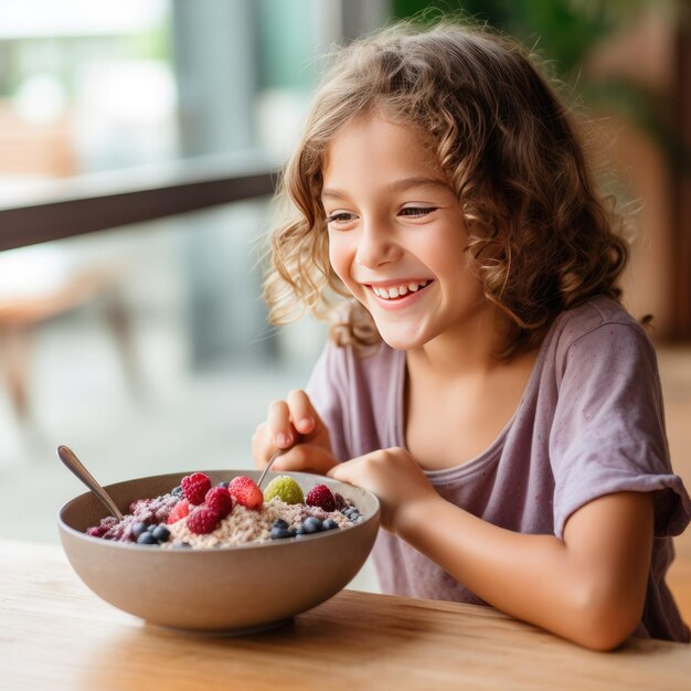 Jong meisje glimlacht terwijl ze gezonde granen met fruit eet