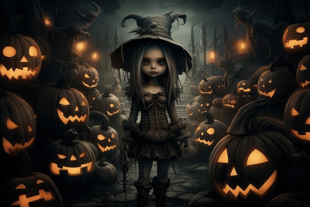 Jong meisje Halloween spook heks staan tussen angstaanjagende pompoen gezichten Herfst vakantie concept