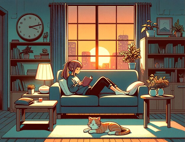 jong meisje in de woonkamer van haar appartement lezen van een boek op de bank ligt comfortabel in de buurt