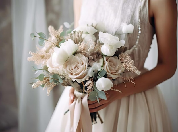 Jong meisje in een witte trouwjurk houdt in haar handen een boeket bloemen en groen met een lint