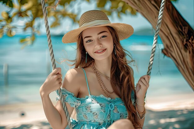 Jong meisje in stijlvolle kleding geniet van swing op een tropisch eiland