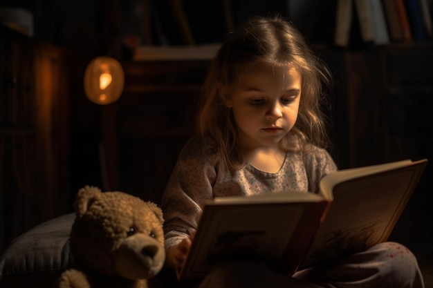 Jong meisje leest een boek in een donkere kamer met een teddybeer naast haar