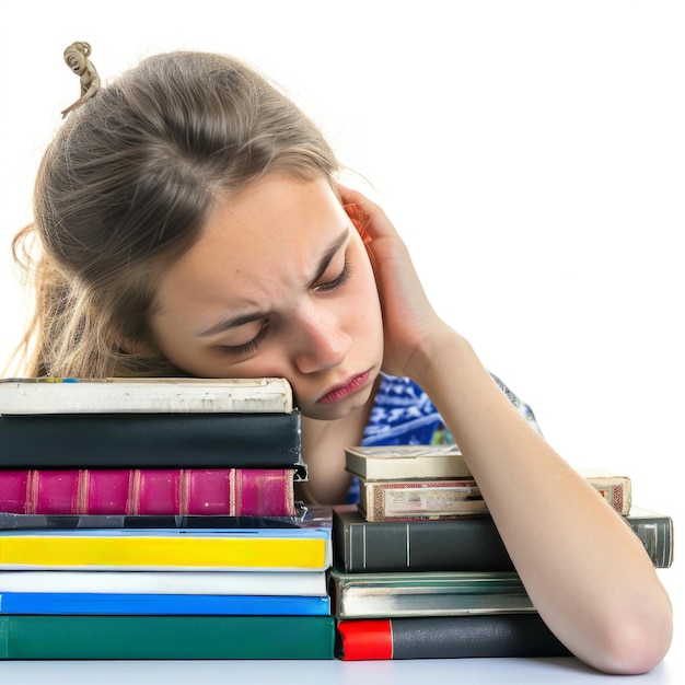 Foto jong meisje leunend op stapel boeken in een leeshoekje van de bibliotheek