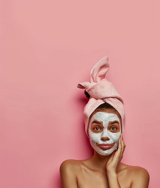 Foto jong meisje met cosmetisch masker op haar gezicht roze geïsoleerde achtergrond