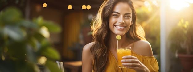 Jong meisje met een glas alcoholische drank tijdens een buitenfeest