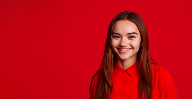 jong meisje met een rood shirt dat tegen een rode achtergrond staat reclamebanner Cute girl smiling