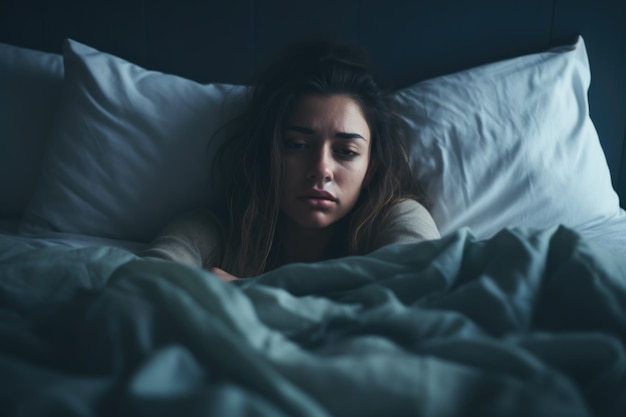 Jong meisje met een verdrietig, depressief gezicht in bed. Concept van geestelijke gezondheid.