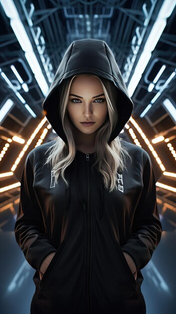 Foto jong meisje met een zwarte hoodie in cyberpunk stijl generatieve ai