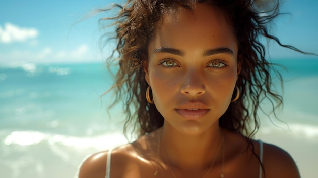 Jong meisje met krullend haar in het zonlicht op het strand Natuurlijke schoonheid close-up