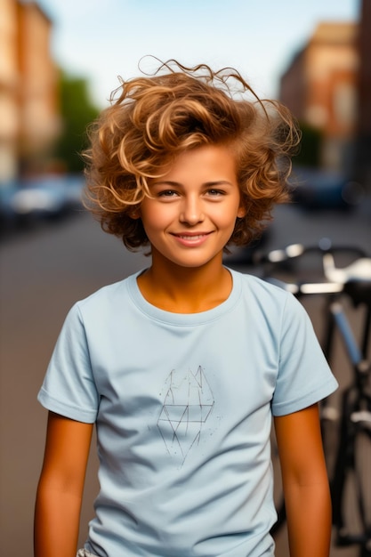 Foto jong meisje met krullend haar naast de fiets.