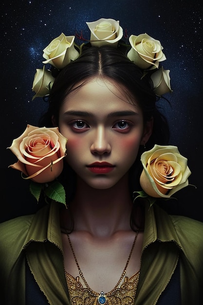 Jong meisje met mooie van het haarrozen van de bloemdecoratie romantische behangillustratie als achtergrond