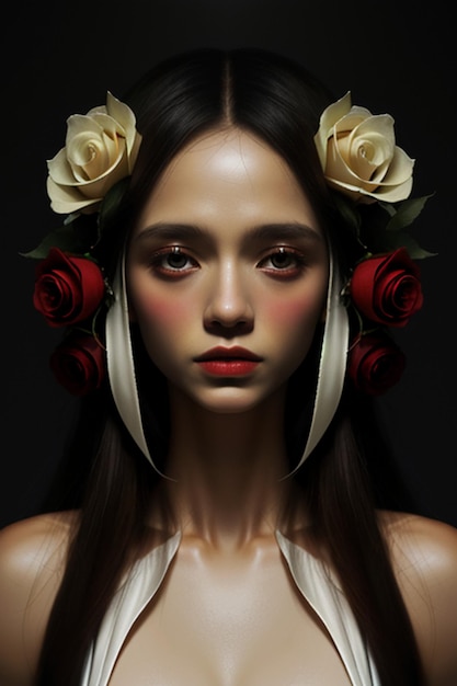 Jong meisje met mooie van het haarrozen van de bloemdecoratie romantische behangillustratie als achtergrond