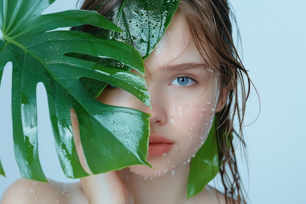 Jong meisje met nat haar en tropisch blad schoonheid concept