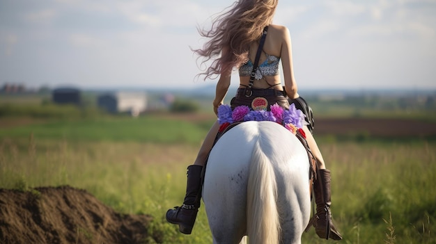 Foto jong meisje op een paard op het platteland vrouwen paardrijden op een zonnige dag