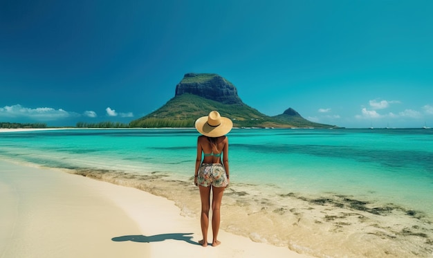 Jong meisje op tropisch strand zonnige vakantie