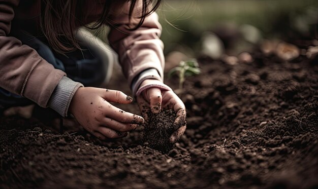 Jong meisje plant de zaden in het vuil generatieve AI