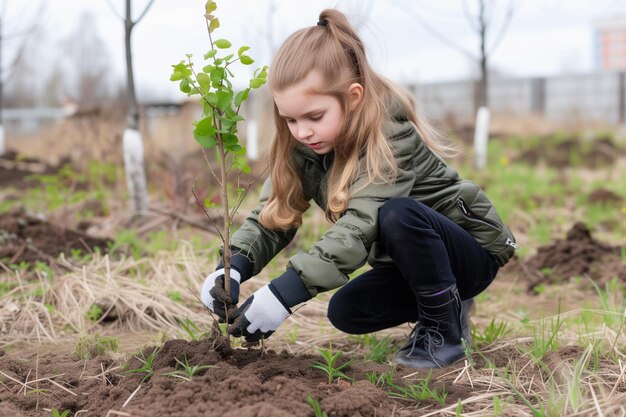 Jong meisje plant een boom in het voorjaar de dag van de aarde