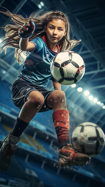 Jong meisje speelt in het stadion met voetbal in een voetbaltrui Generatieve AI
