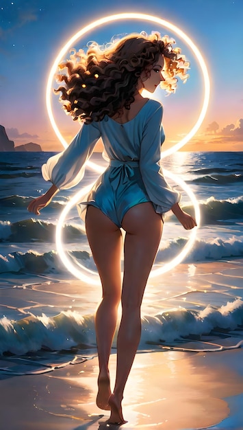 Jong meisje springt op het strand van de nacht van haar krullend haar in een cirkel schijnt