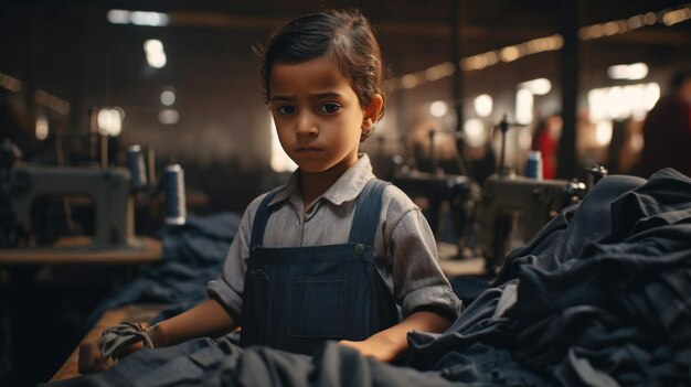 Foto jong meisje staat voor een naaimachine