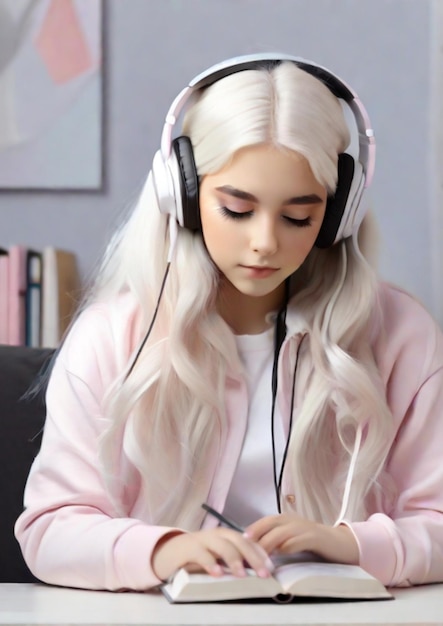 Foto jong meisje studeert en luistert naar muziek met koptelefoon en lang wit haar gegenereerd door ai